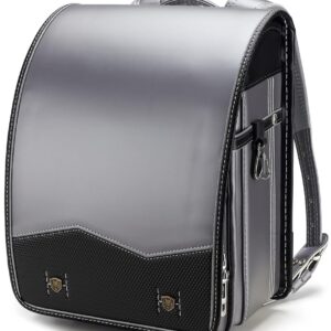 IwaiLoft Ransel Randoseru Backpack with Automatic Satchel for Boys, Japanese School Bag Embroidery PU Bookbag for Men Male (Silver&Black)