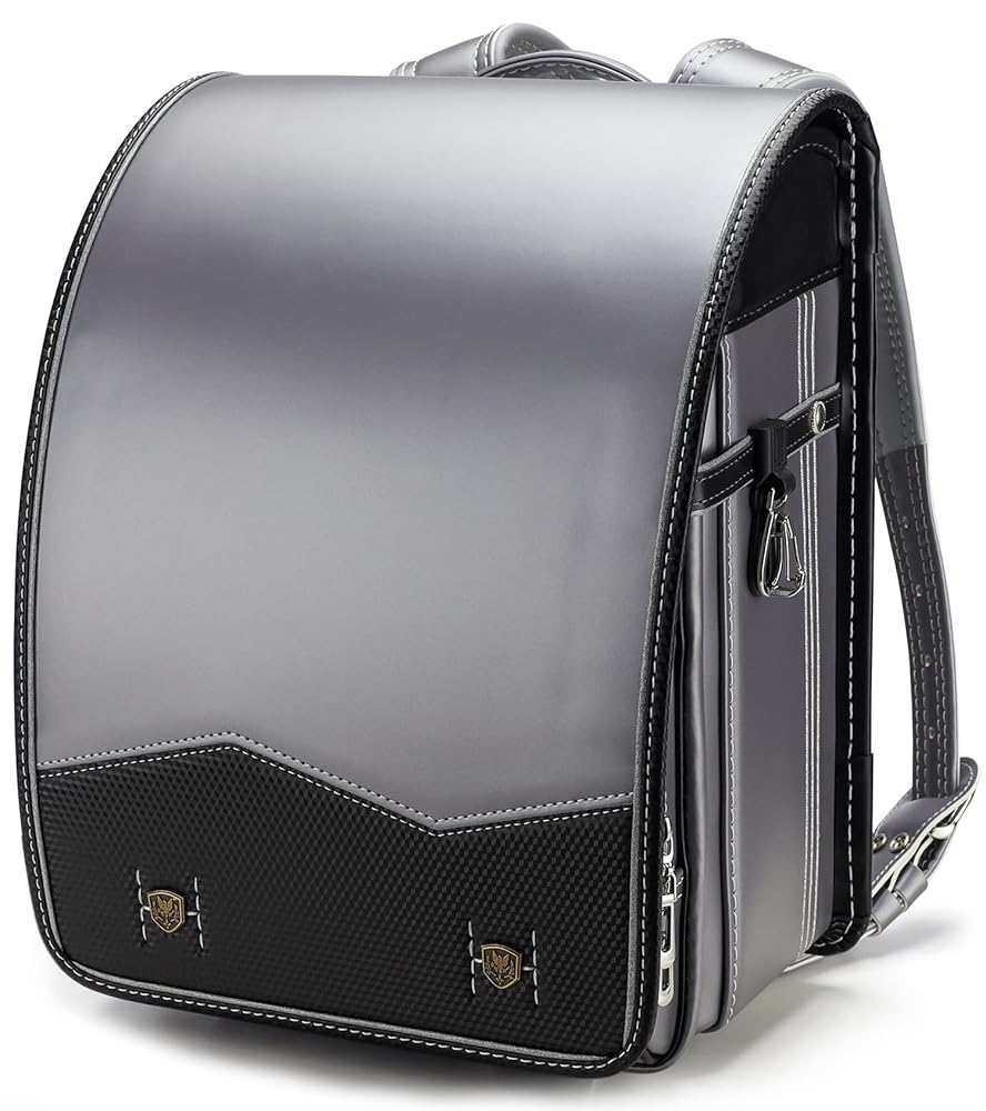 IwaiLoft Ransel Randoseru Backpack with Automatic Satchel for Boys, Japanese School Bag Embroidery PU Bookbag for Men Male (Silver&Black)